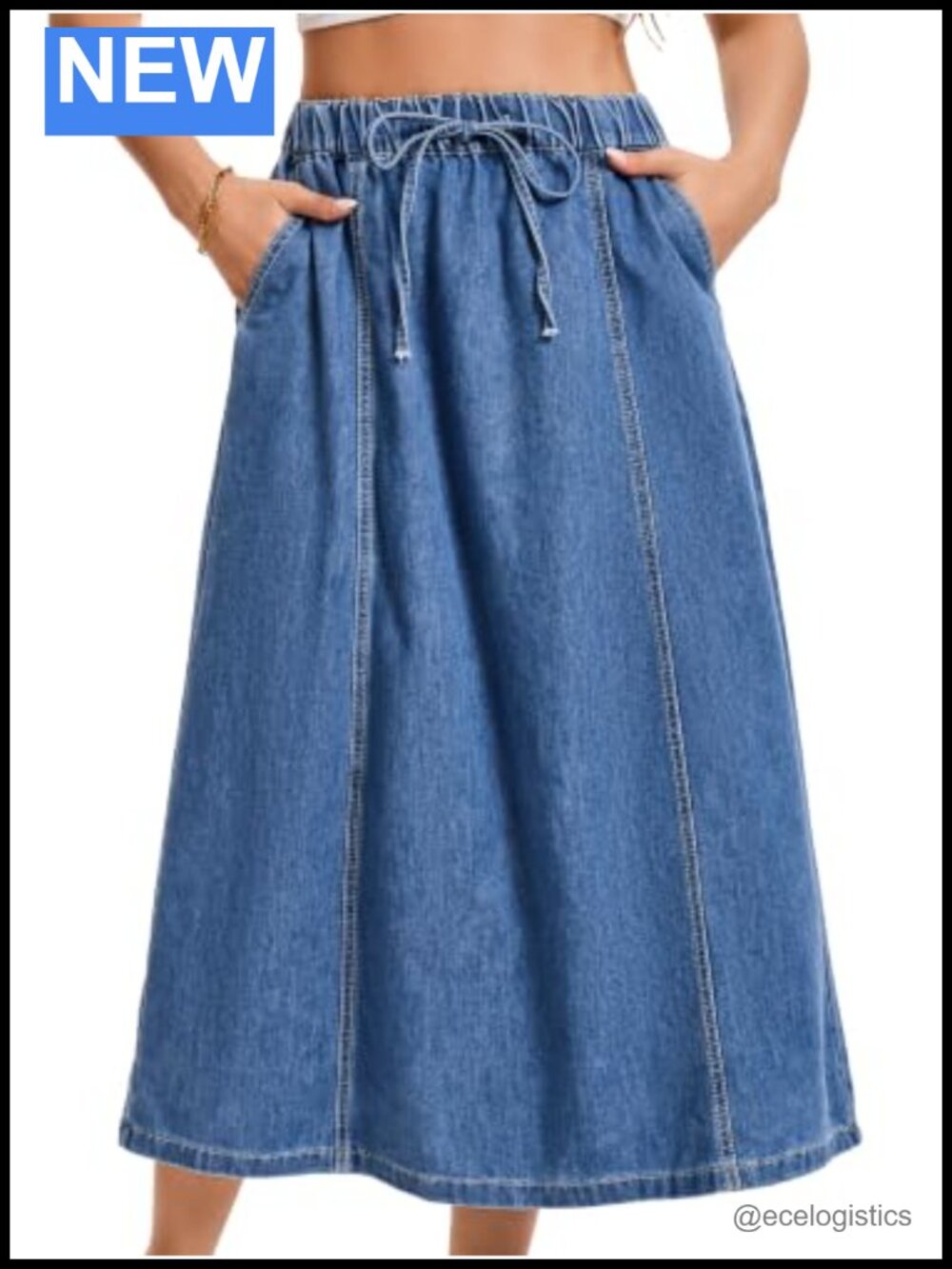 Women's Elastic Waist Casual A-Line Maxi Denim Skirt with Pockets